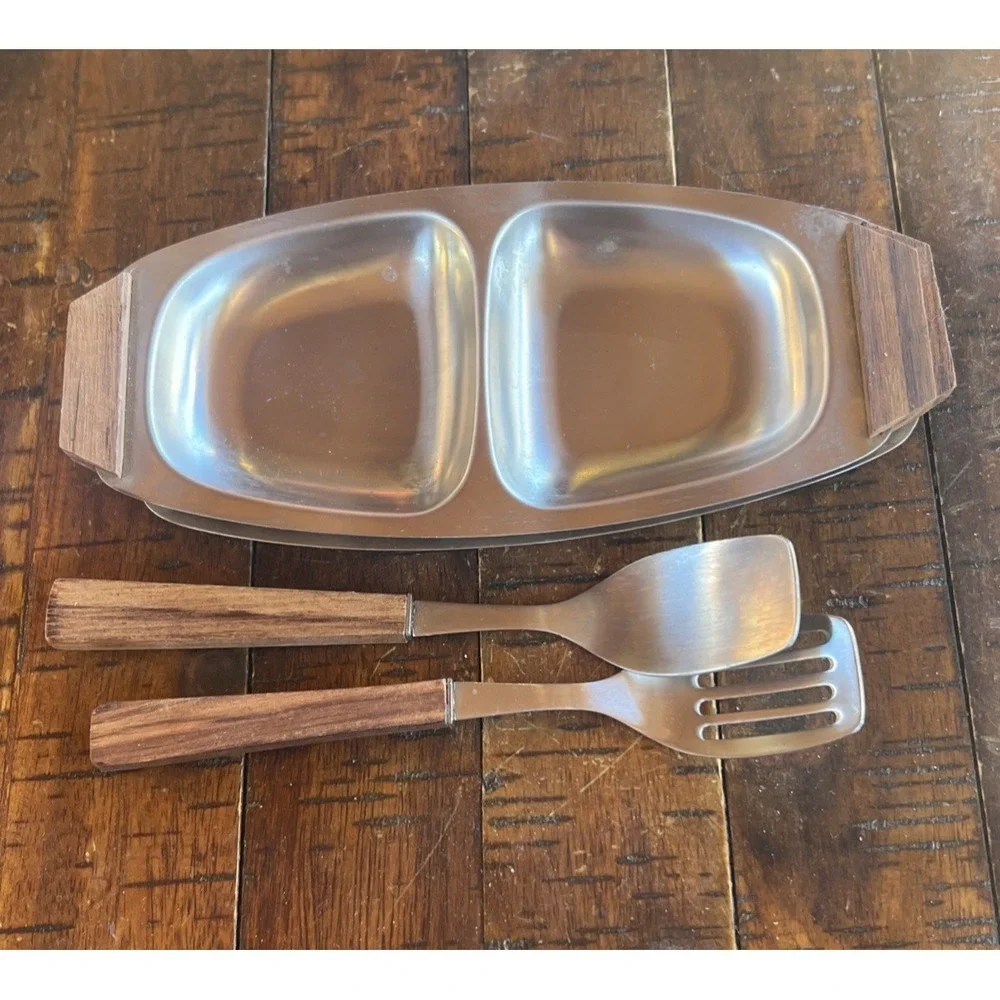 MID CENTURY MODERN‎ Vintage Stainless Steel & Wood Trays JAPAN & Utensils Relish